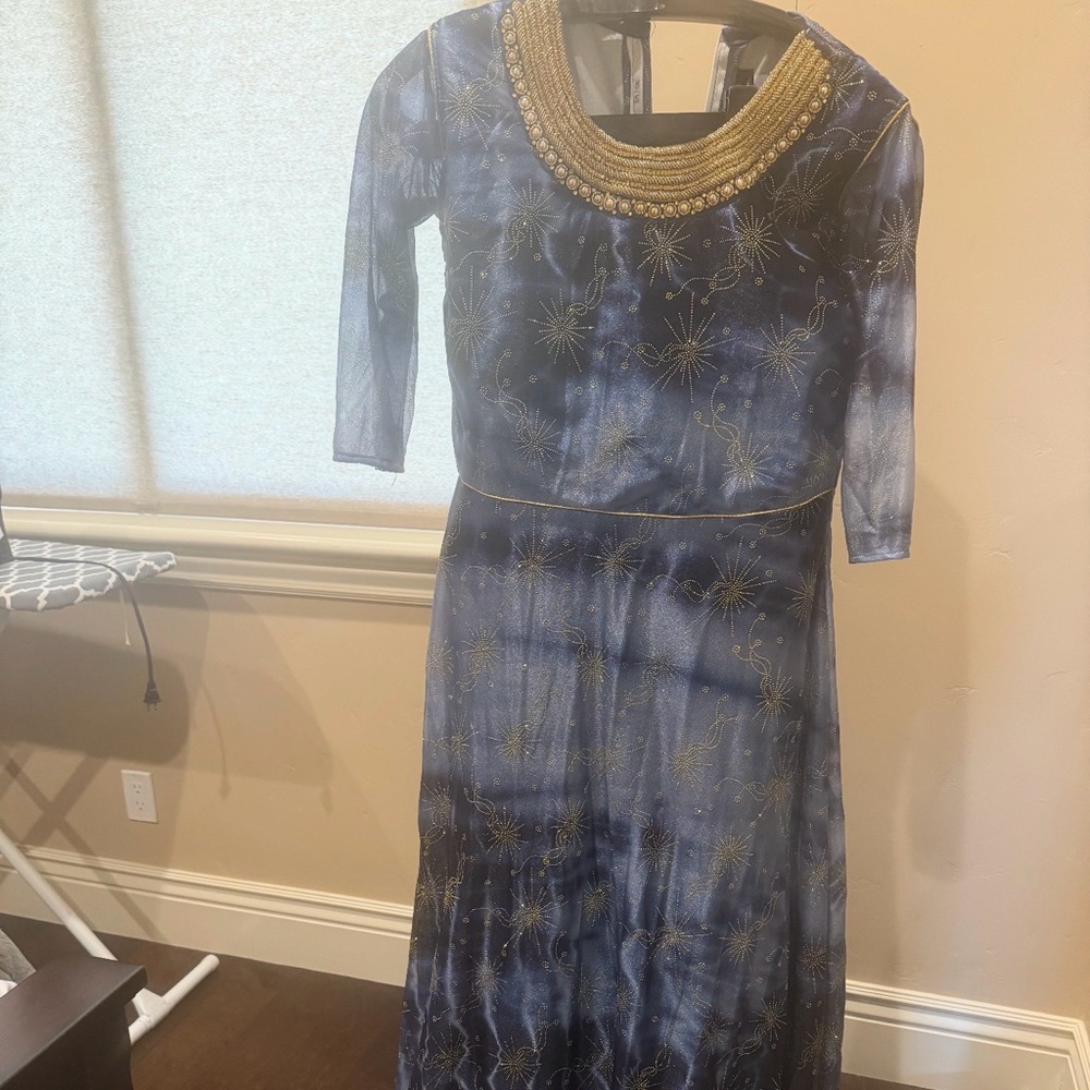 Blue Embroidered Maxi Dress with Gold Accents